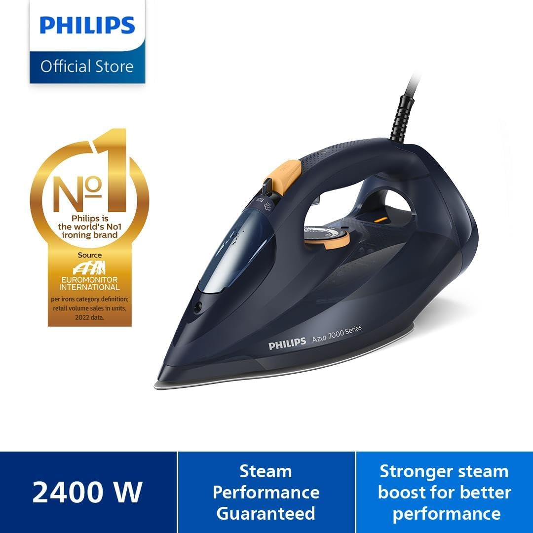 Philips Azur 7000 Series Steam Iron - 2400W, 50G/Min Steam, 250G Steam Boost, Vertical Steam, Steamglide Elite Soleplate, Blue/Yellow (DST7060/20) image number 6