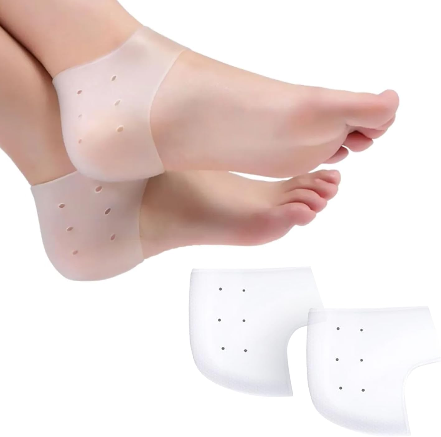 EKIND Silicone Heel Protectors, Breathable Cups & Ankle Gel Pads Cushion for Heel Pain and Cracked Heels Relief for Men and Women(White with Holes) image number 1