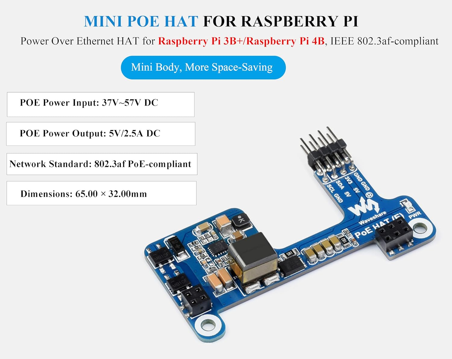 Waveshare Poe HAT E for Raspberry Pi 4B/3B+, Power over Ethernet (Poe) Support 802.3Af, Compatible with Raspberry Pi Official Case, Support Connecting Cooling Fan