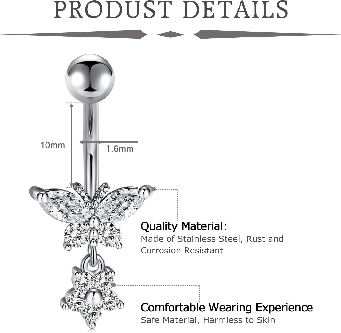 Incaton 14G Belly Button Rings Stainless Steel Dangling Butterfly Heart Diamond Belly Rings Dangle Navel Piercing Jewelry for Women image number 6