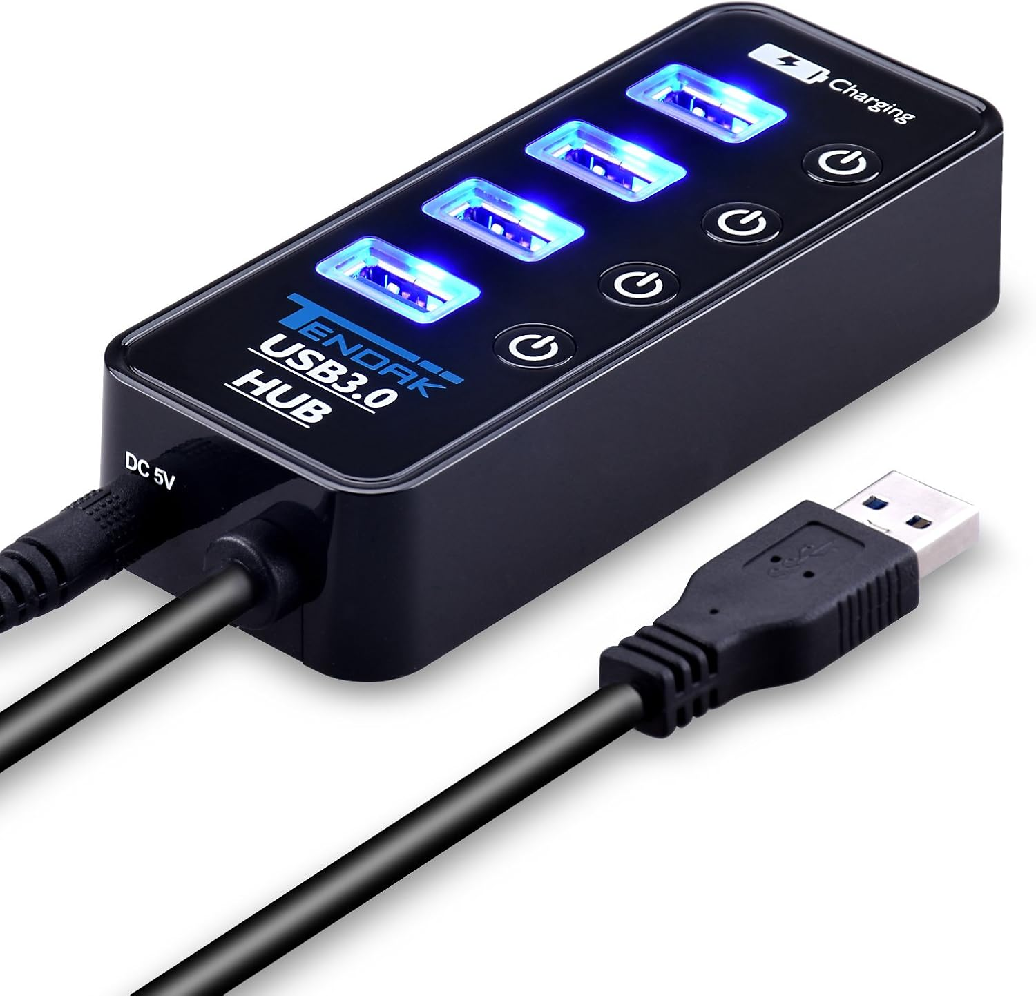 Tendak USB 3.0 Hub with 4 USB 3.0 Data Ports + 1 USB Smart Charging Port and Power Supply Adapter with Individual On/Off Port Switches