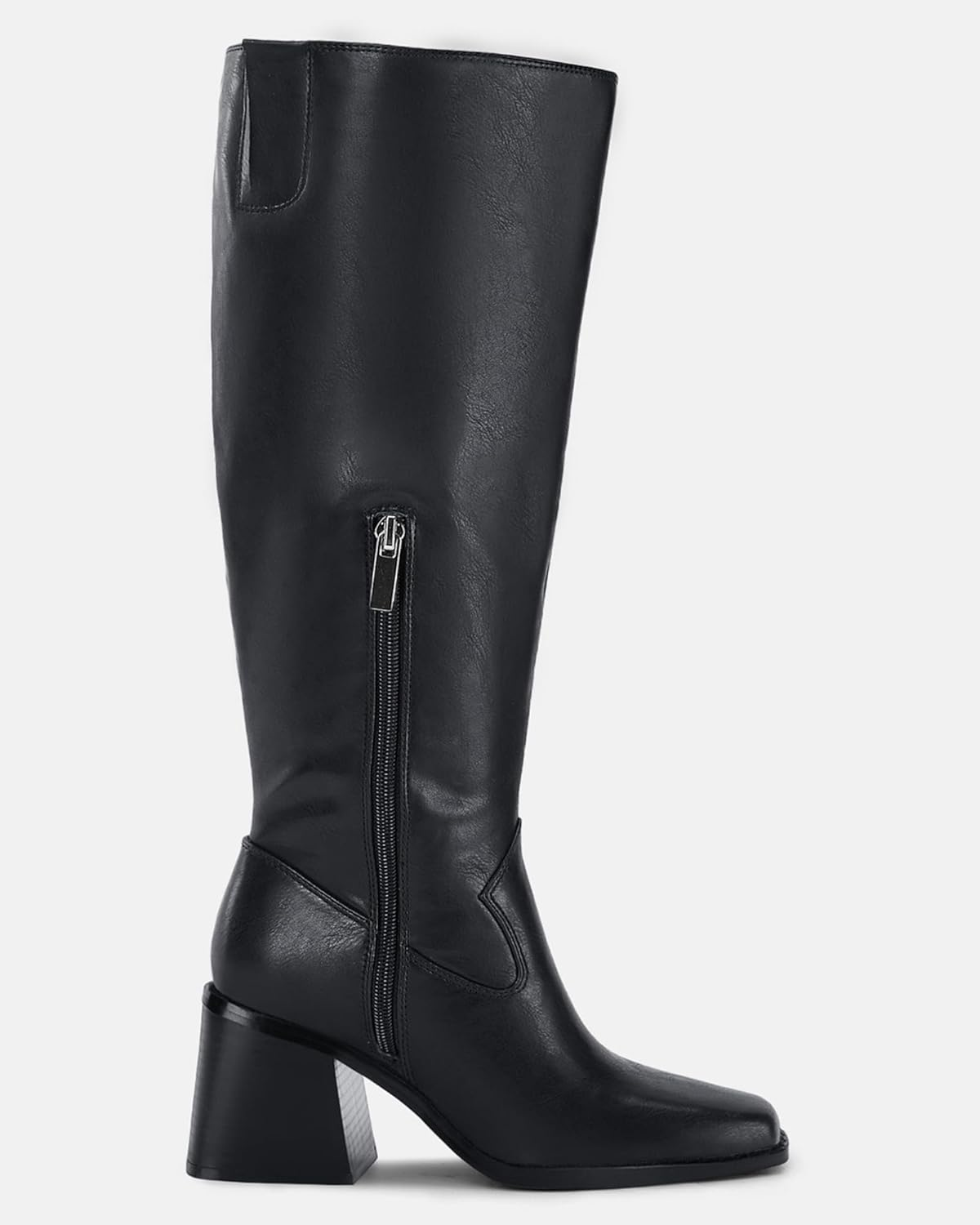 Coutgo Women'S Knee High Boots Wide Calf Square Toe Chunky Heeled Pull-On Leather Boots image number 6