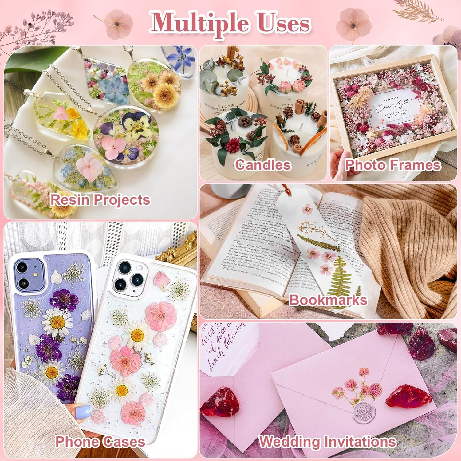 Real Dried Flowers 100% Natural Dried Flowers, Mixed Colors Dried Leaf Flowers for DIY Arts and Crafts Candles Resin Jewelry Nail Pendant Cards Scrapbooking Wedding Home Decoration (Pink)