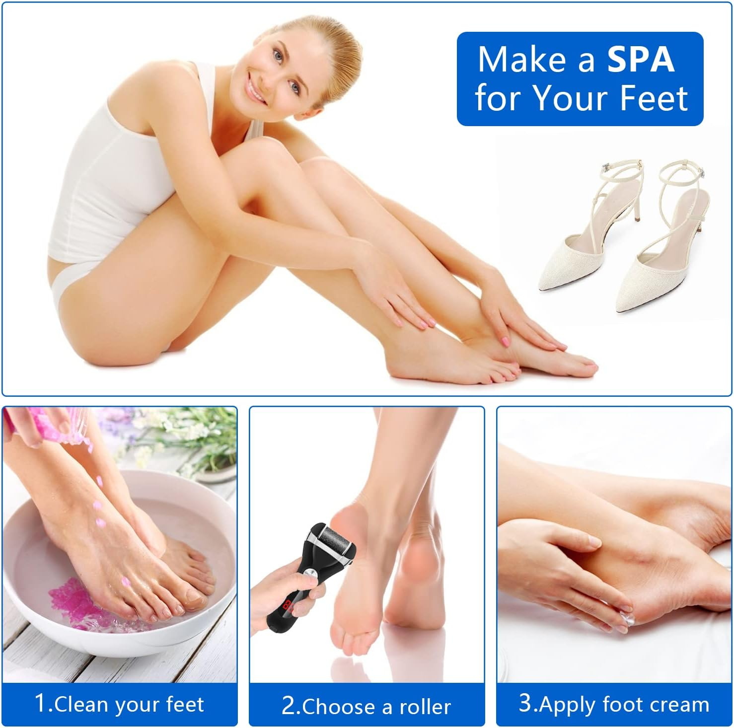 Electric Foot Callus Remover Kit, Elmchee Rechargeable Pedicure Tools Foot Care Feet File with 3 Roller Heads,2 Speed,Battery Display for Remove Cracked Heels Calluses and Dead Skin(Black) image number 6