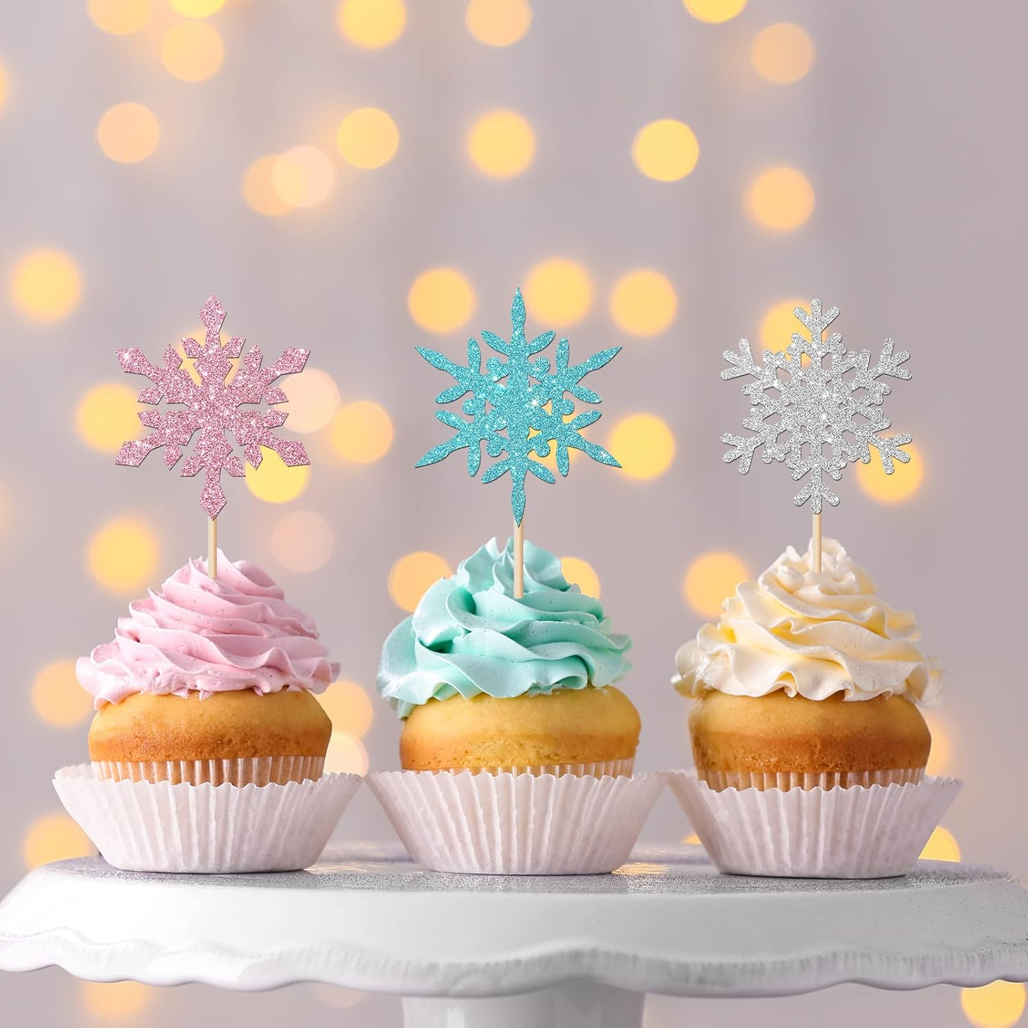 24Pcs Glitter Snowflake Cupcake Toppers, Winter Snowflake Cupcake Picks, Snowflake Theme Baby Shower Kids Boys Girls Birthday Christmas Party Cake Decorations image number 4