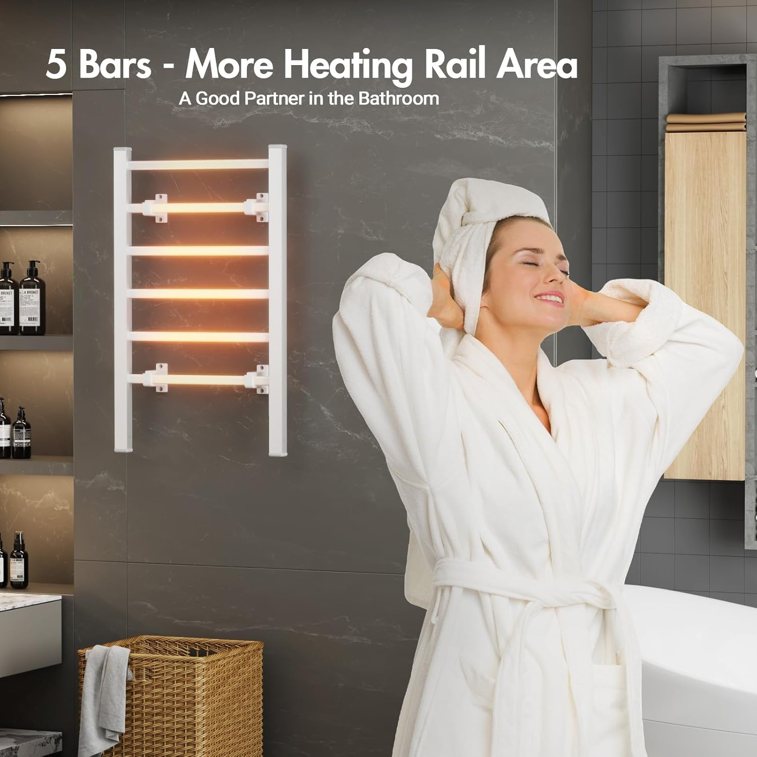 6 Bars Heated Towel Rail, Wall Mounted Towel Rack, Aluminium Electric Towel Warmer Dryer Rail Waterproof for Bathroom, Silver image number 6