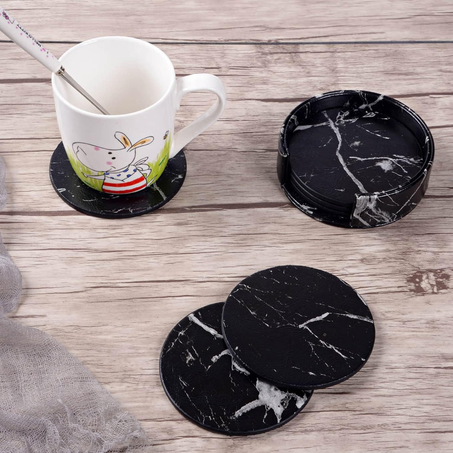 Coasters for Drinks 6 Piece with Holder Marble Texture round Cup Mat Pad Set of Home and Kitchen Use (Marble Black) image number 4
