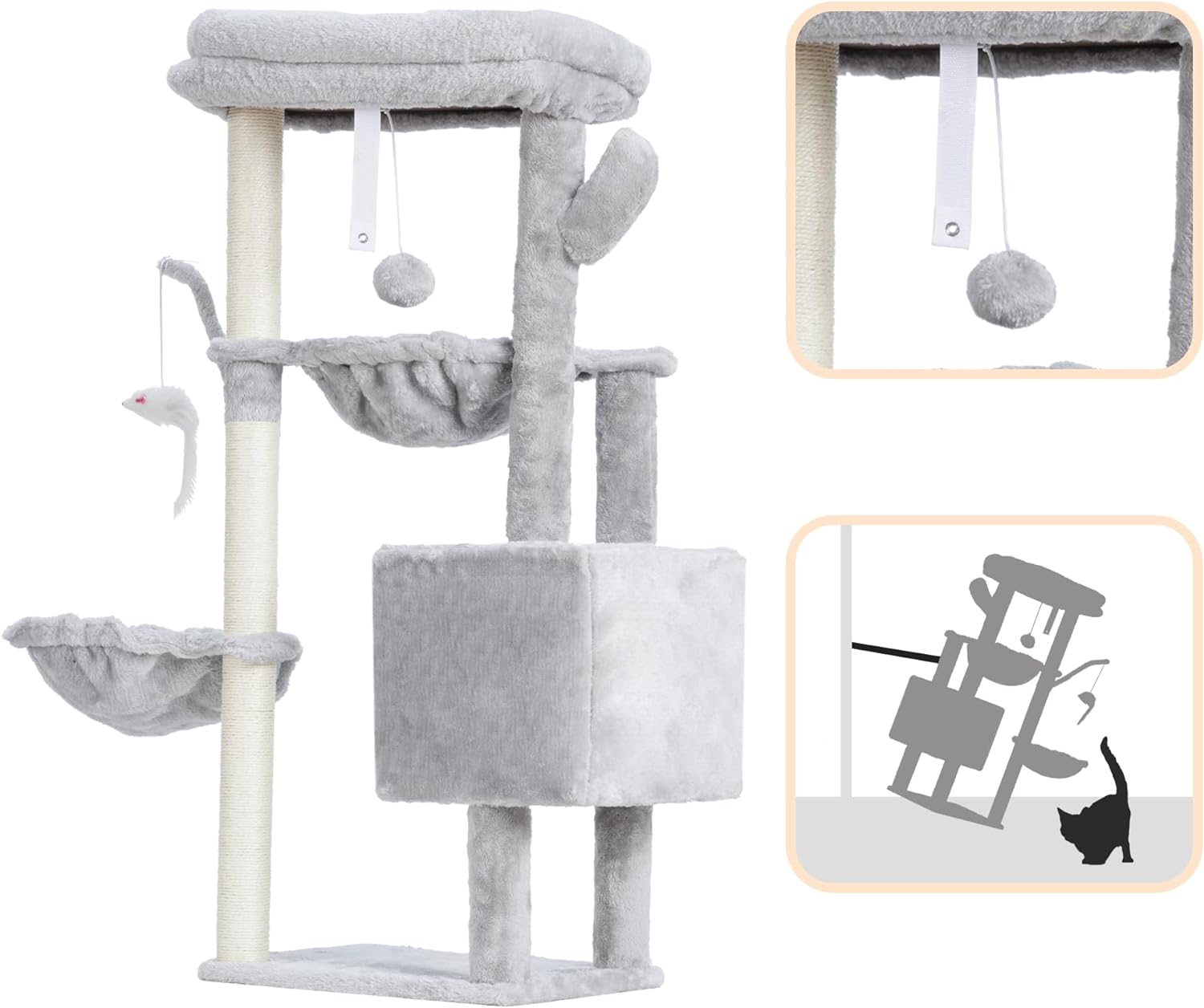 Heybly Cat Tree, 100Cm Cactus Tower Condo with Scratching Post, Cat Tower for Indoor Cats, Fully Wrapped Sisal Pole, Soft Platform, 2 Baskets and Dangling Toy, Light Gray HCT006SW image number 1