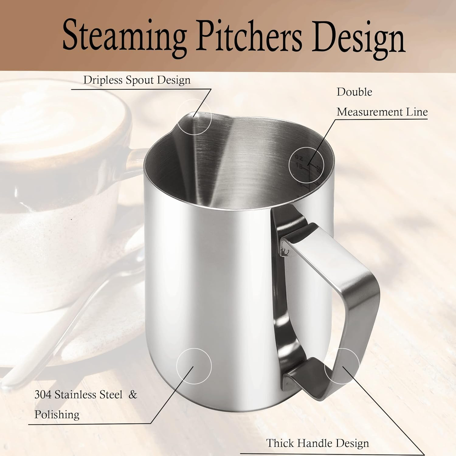 Yowamho Milk Frothing Pitcher,600Ml(20Oz) Quality Milk Jug Cup SUS304 Stainless Steel,Steaming Pitchers Frothing Jug Measurements inside for Milk Coffee Cappuccino Latte,Silver image number 3