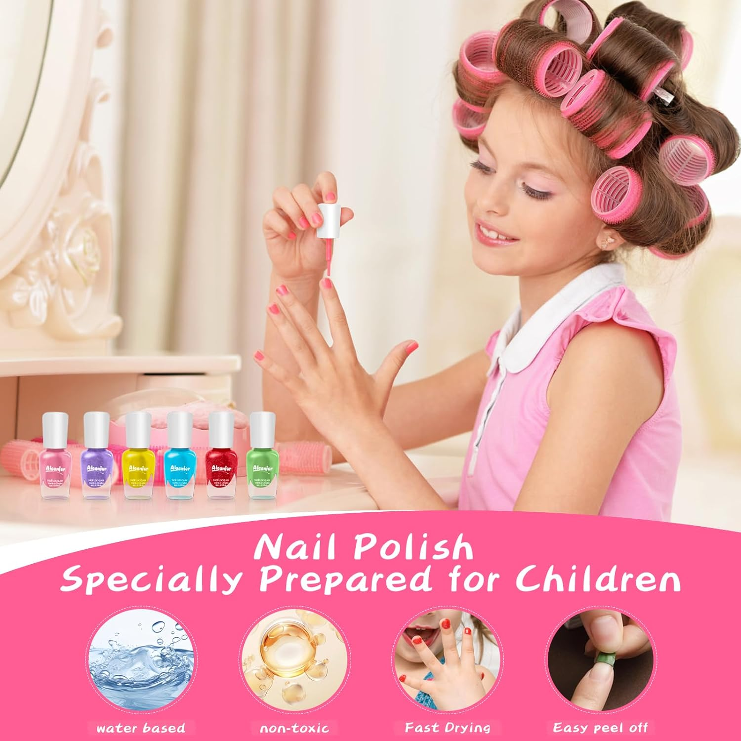 Aieenjor Kids Nail Polish, Non-Toxic Nail Polish Set for Toddler,Water-Based Quick Drying Peel-Off Nail Polish for Kids, 6 Color Rainbow Party, Holiday Favors, Party Favors for Kids Makeup Age 2+ image number 3