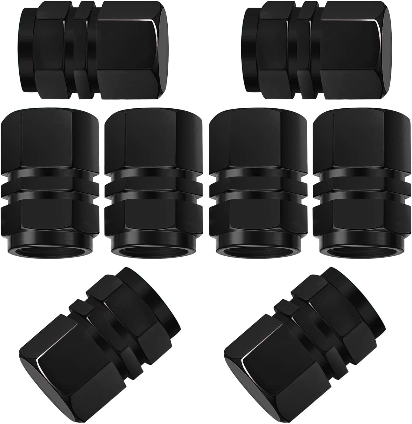 AIEX 8 Packs Aluminum Tire Valve Stem Caps with Gasket Universal Hexagon Valve Covers Replacement for Cars, SUV, Bike, Bicycle, Motorcycles, Airproof, Screw-On, Easy-Grip(Black)