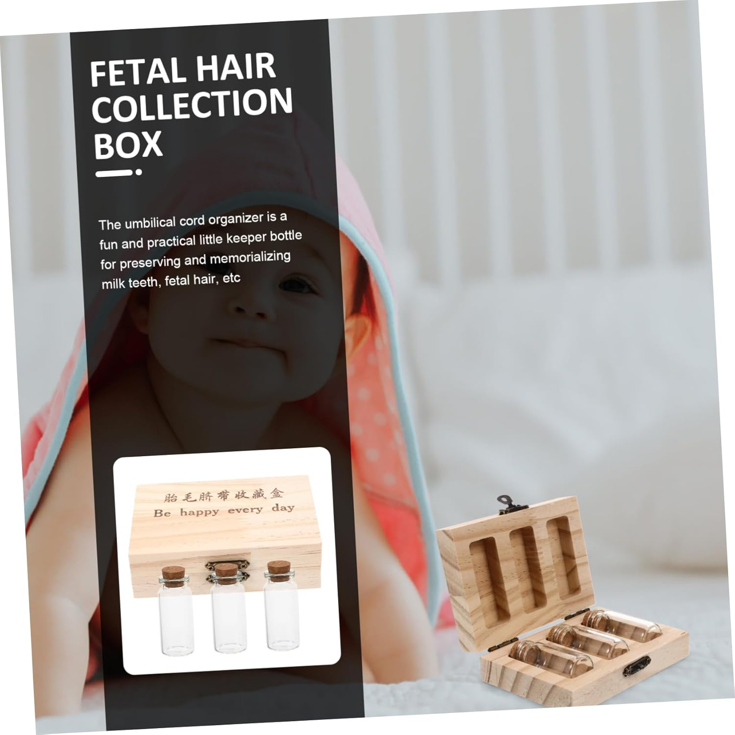 Wooden Fetal Hair Preservation Box with Storage Bottle Keepsake Organizer for Umbilical Cord and Boy Girl Teeth Innovative Design for Compact and Decorative Storage image number 4