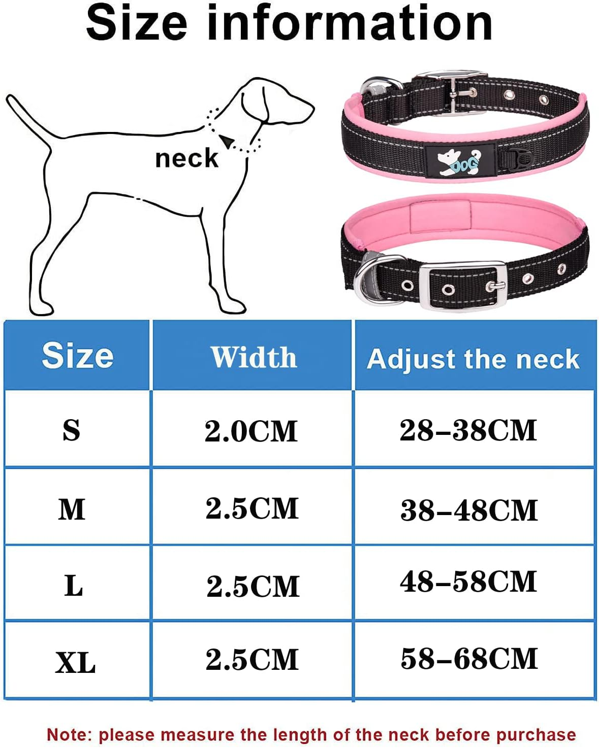 Haoyueer Comfortable Soft Neoprene Padded Dog Collar, Reflective Pet Collar, Adjustable Durable Nylon Dog Collar for All Breeds Large Dogs (S, Pink) image number 6