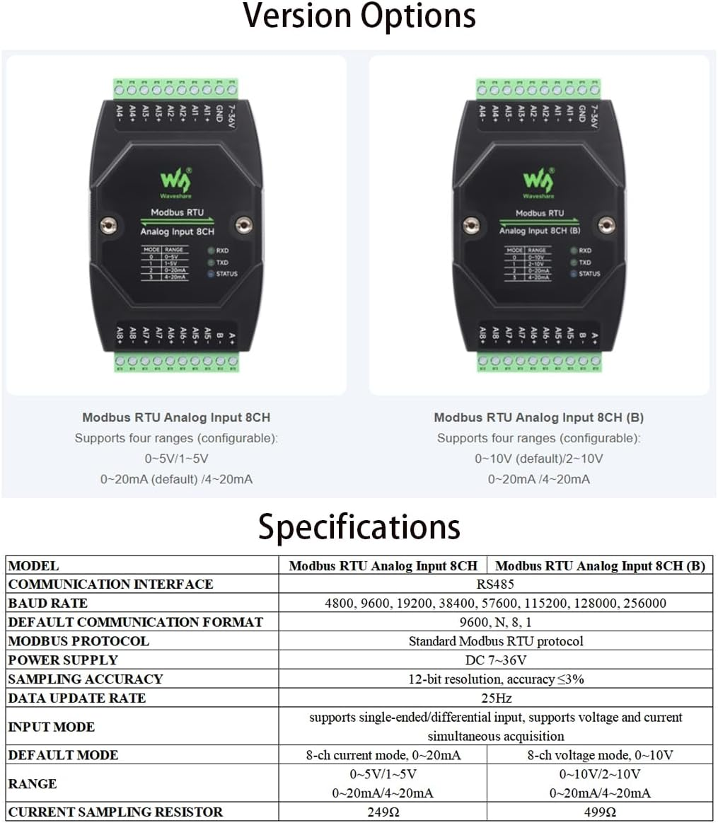 Industrial 8-Ch Analog Acquisition Module, 12-Bit High-Precision, DC 7~36V Wide Voltage Power Supply, Modbus RTU Protocol,8-Ch Current Mode, 0~20Ma image number 1