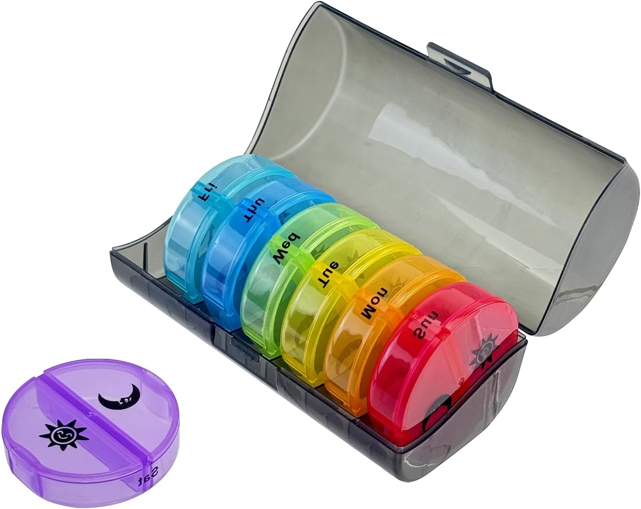 EKIND 7-Day AM PM Pill Organizer 14-Compartment Travel Medication Dispenser Moisture-Resistant Removable Daily Cases with Secure Snap Lids Black with Rainbow Tabs ﻿ image number 2