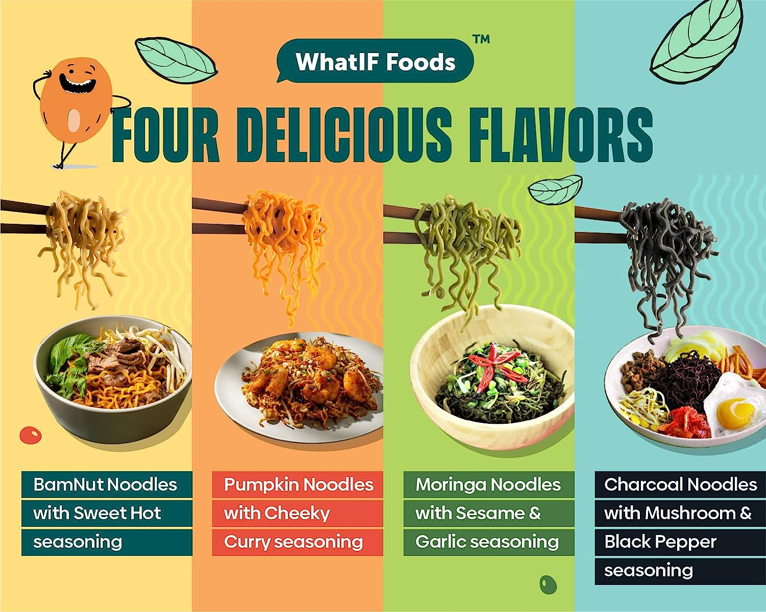 Healthy Instant Bamnut Noodles | Vegan, Air Fried, 17 Grams of Protein & 6 Grams of Fiber | for Ramen, Wok, Soup, Stir Fry | Sweet Hot Flavor | 5 Pack by Whatif Foods