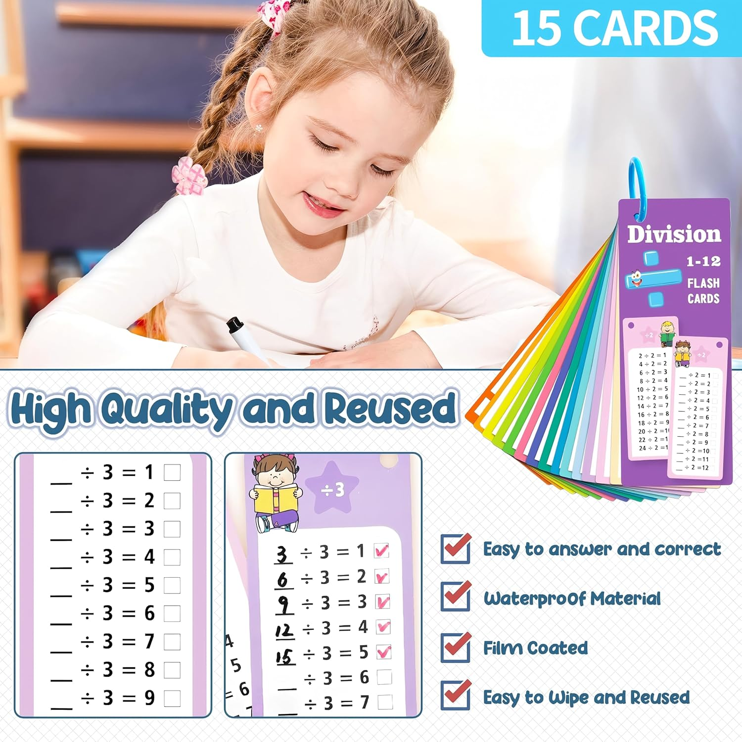 60Pcs Multiplication Division Addition & Subtraction Flash Cards, Math Flash Card Set with 8 Dry-Erase Pens, 4 Rings | Times Table Flash Cards for 1St - 3Rd Grades | Fun Learning with Math Games image number 5
