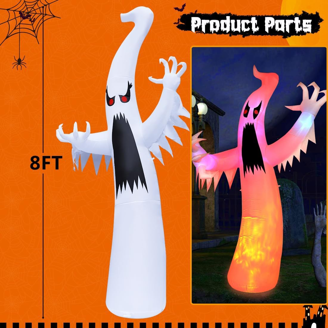 8 FT Halloween Inflatables Ghost Decorations Outdoor Indoor Blow up Yard Decor with Built-In Colorful Leds for Lawn Garden Holiday Party image number 5