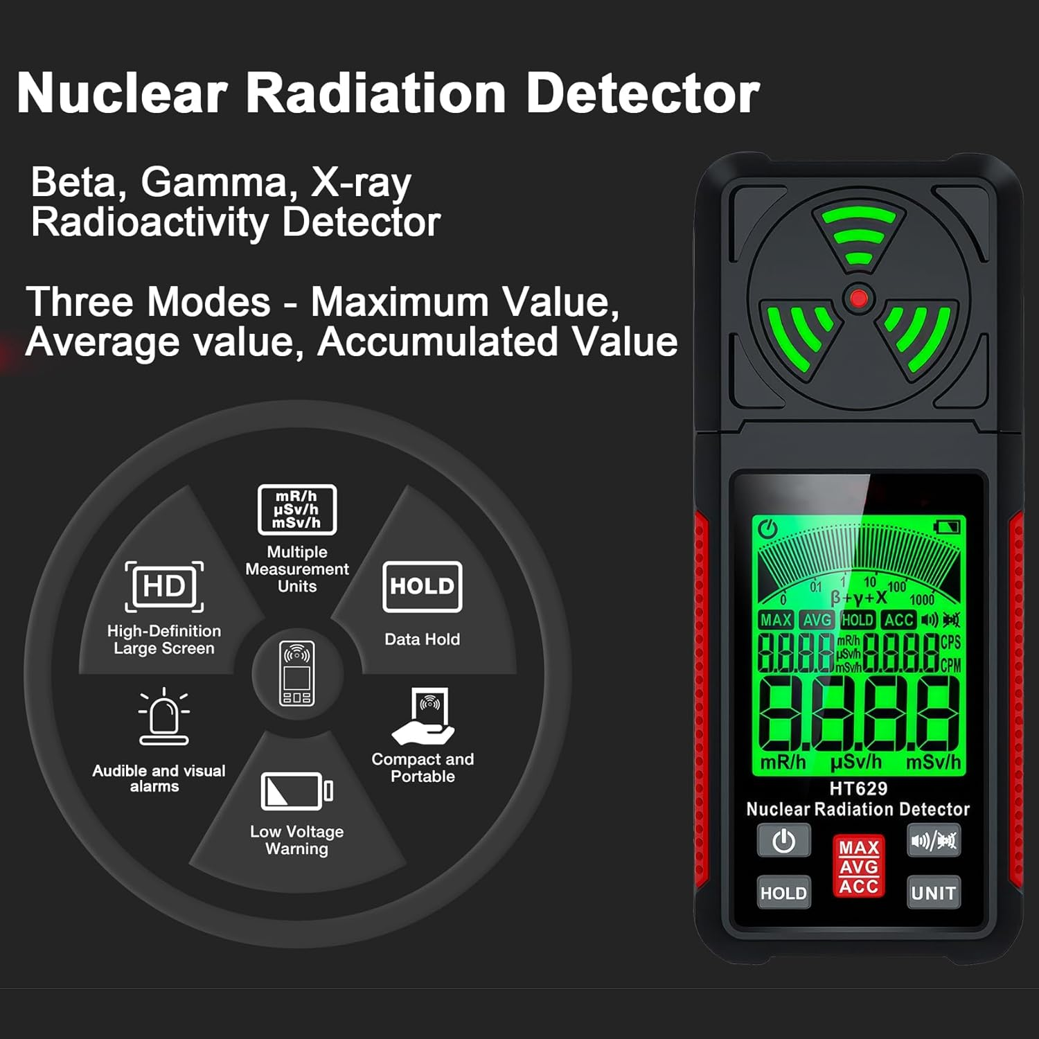 Geiger Counter Nuclear Radiation Detector - Portable Radiation Dosimeter Tester Beta Gamma X-Ray Radioactivity Detector for Nuclear Wastewater Seafood with Backlit LCD Display, Audible & Visual Alarm image number 3