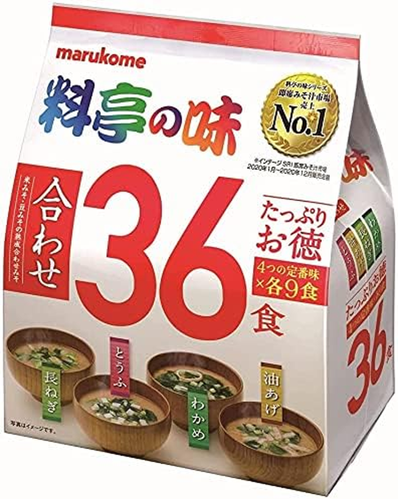 Marukome Miso Soup Ryotei No Aji 4 Flavors, Pack of 36 Japanese Instant Miso Soups (Wakame Seaweed, Green Onions, Tofu, Buraage)