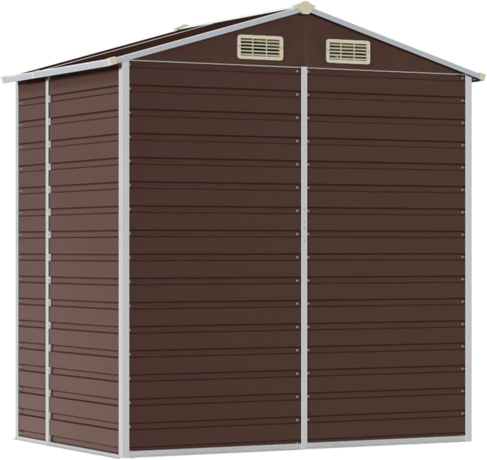 Vidaxl Garden Shed/Outdoor Metal Storage for Firewood and Tools - Brown Galvanised Steel with Ventilation, Door Handles, and Sloping Roof - 191X130X198 Cm image number 3