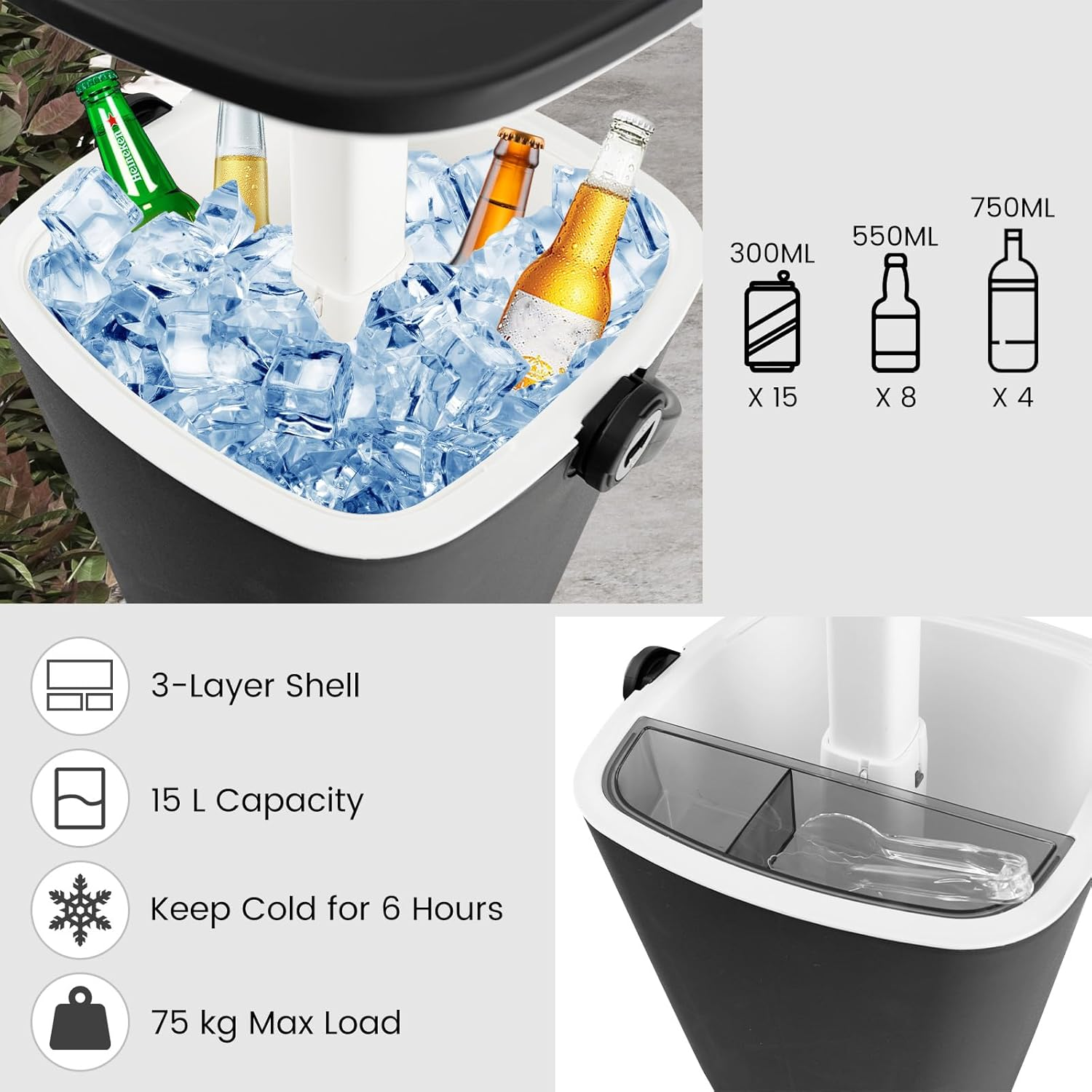 Costway Portable Cooler Bar Table, 15 L Weatherproof PP Beverage Cooler W/Handle, Bottle Opener & Lift Top Lid, 3-In-1 Pop up Side Table Cocktail Table for Camping, Picnic, Poolside (Black)