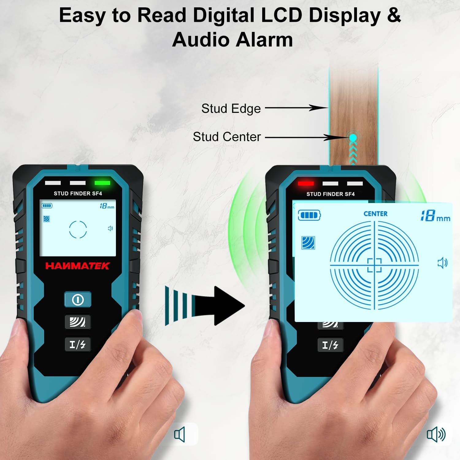 HANMATEK Stud Finder Wall Scanner,5 in 1 Multifunction Stud Locator with Upgraded Smart Sensor Audio Alarm HD LCD Display, Stud Finder Tool for the Center Edge of Metal, Studs, Plaster,Ac Wire,Pipe image number 6