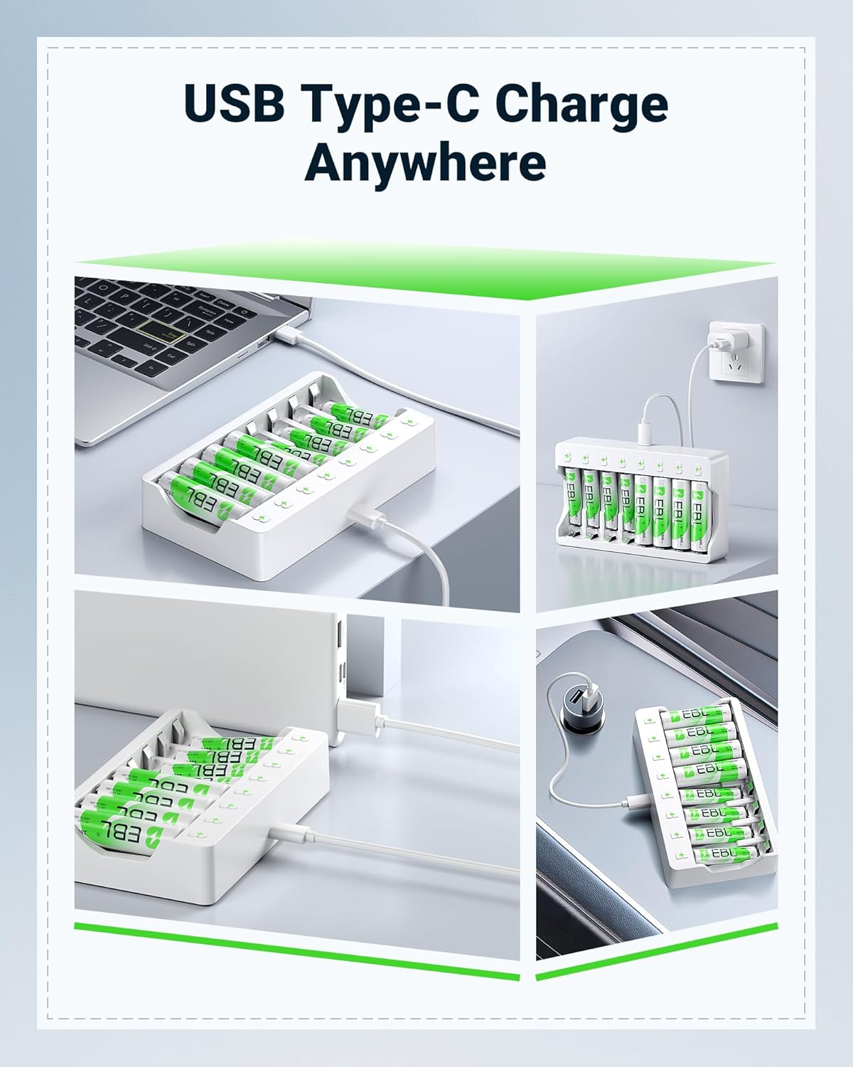 EBL 8 Slots AA AAA Battery Charger and 4 AA and 4 AAA Rechargeable Batteries - 5V 2A Fast Charging Battery Charger & Battery Sets (2025 New) image number 1