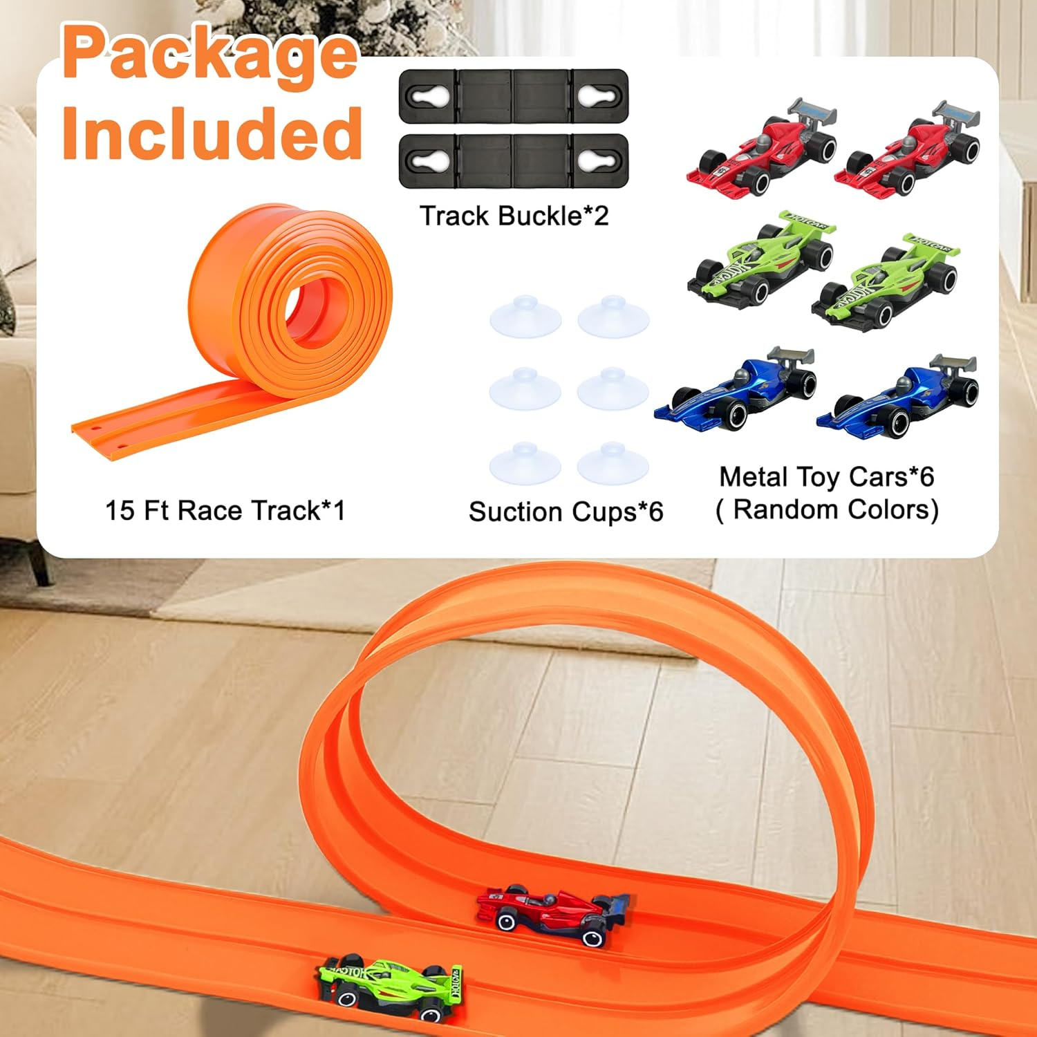 OMIPAWZ 15 Ft / 450 Cm Double Sided Flexible Race Track Set with 6 Toy Cars for Kids (Orange) image number 3