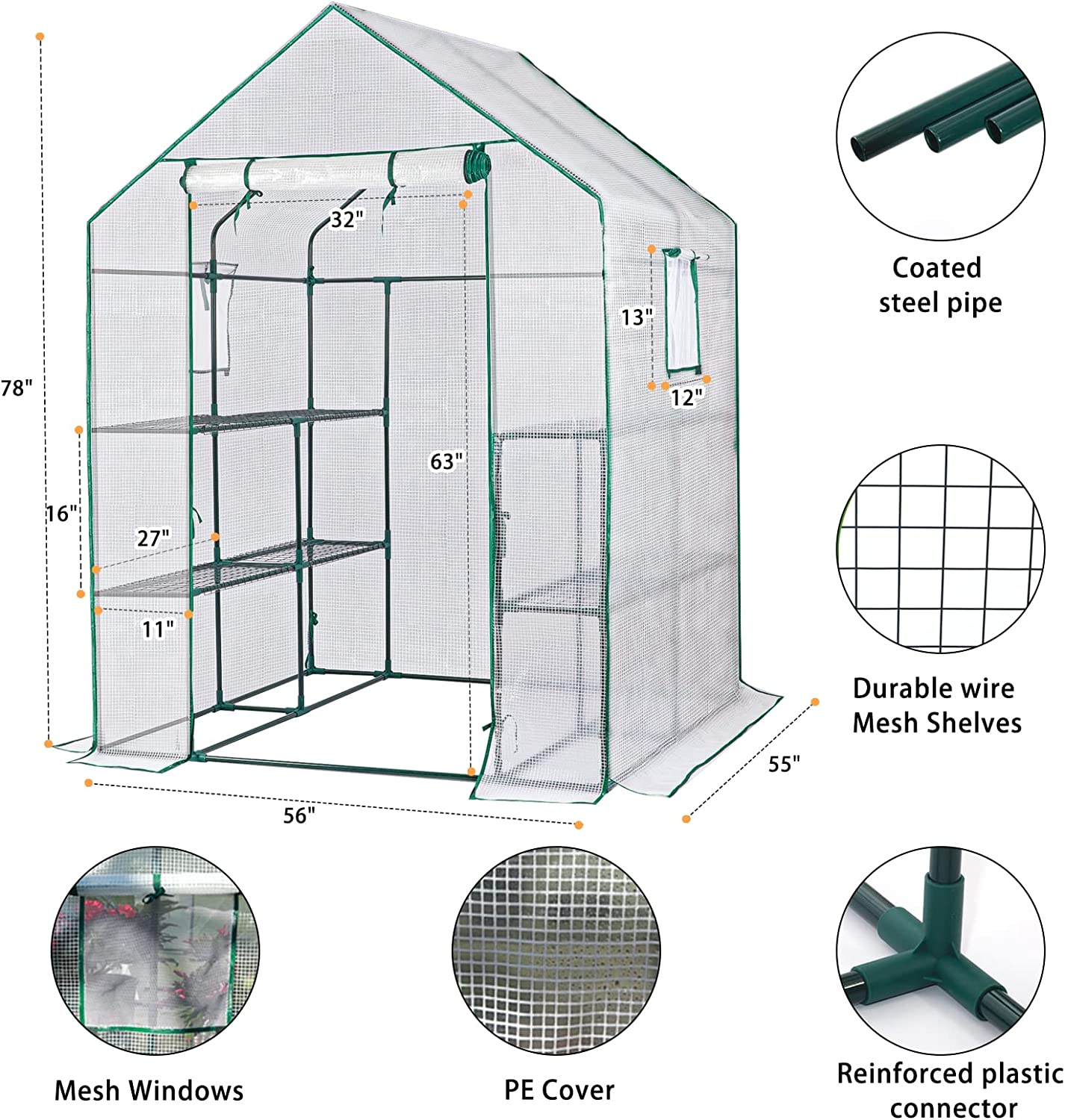 Green Houses for Outdoors, PE Walk in Greenhouse with 2 Side Mesh Windows, Portable Green House with Anchors & Ropes Stands up to Wind, 56"X56"X78" White image number 2