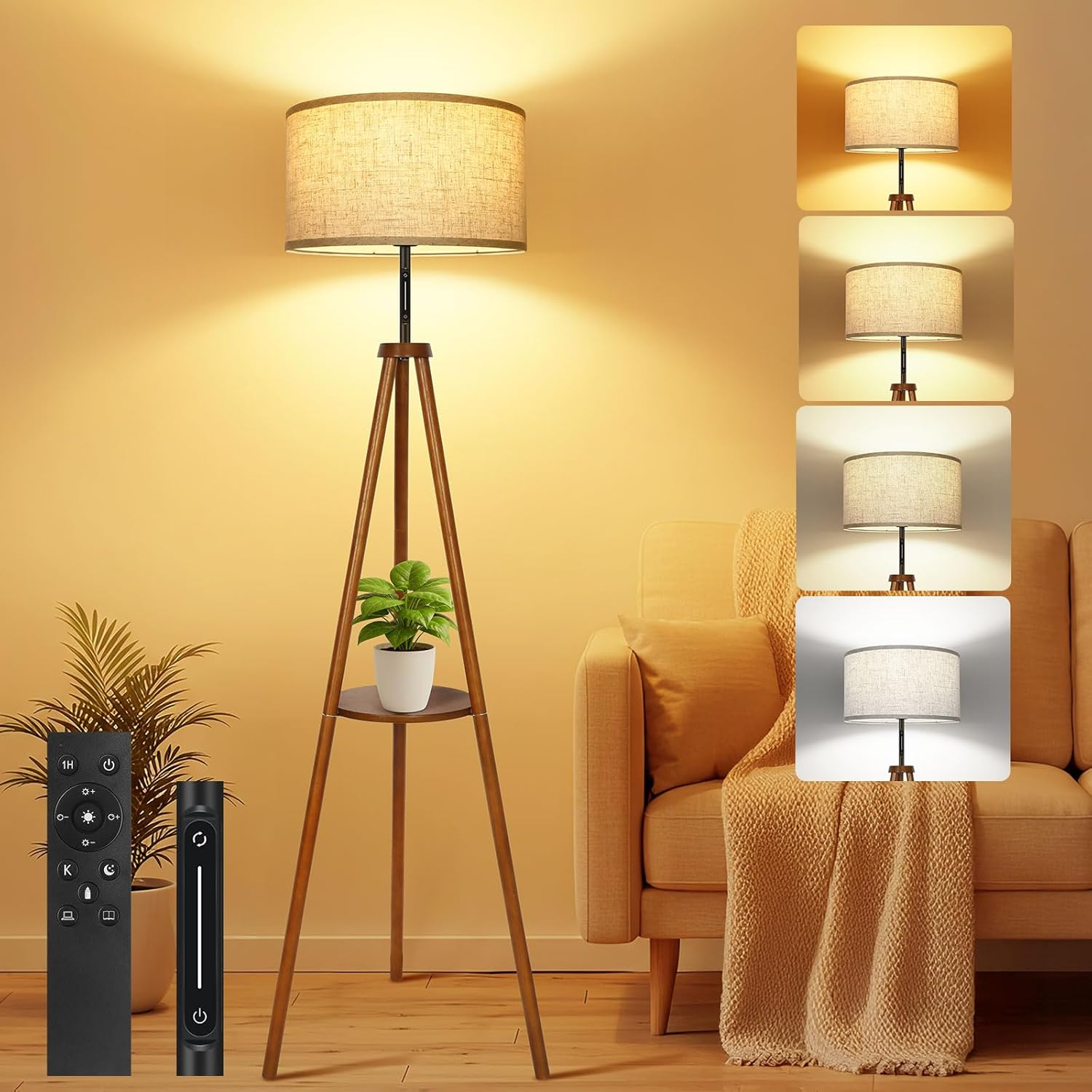 OUTON Wooden Tripod Floor Lamp with Shelves, 4 Color Temperatures Mid Century Dimmable Floor Lamp with Remote & &lrm;Touch Control, Modern Tall Standing Lamp for Living Room Bedroom Office, Walnut Wood