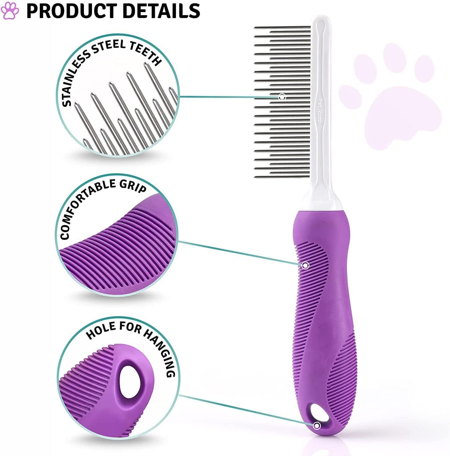 Detangling Pet Comb with Long & Short Stainless Steel Teeth for Removing Matted Fur, Knots & Tangles &ndash; Detangler Tool Accessories for Safe & Gentle DIY Dog & Cat Grooming (Grooming Comb) image number 1