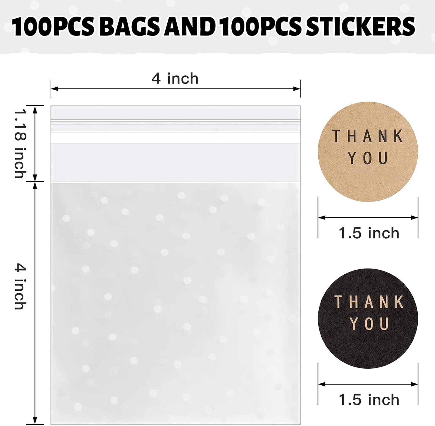 NPLUX 100PACK Self Adhesive White Polka Dot Cookie Bags (4X4 Inch) with Stickers, Non-Reusable, Plastic, Polypropylene (PP), Self Seal, Cellophane Treat Bags for Gift Giving, Storage, Packing image number 2