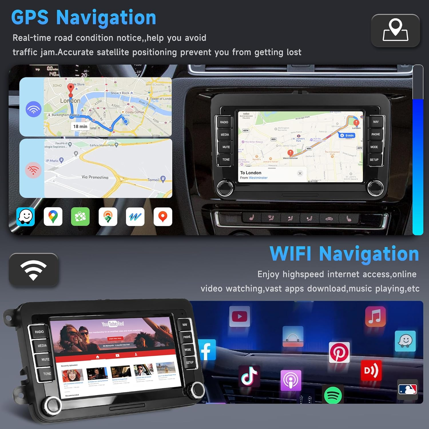 4+64G Android Car Radio for VW Passat Golf MK5 MK6 Jetta T5 EOS Polo Touran Seat Sharan Wireless Carplay Android Auto, 7'' Touchscreen Head Unit with Mirror Link Wifi GPS Bluetooth FM EQ Rear Camera image number 4