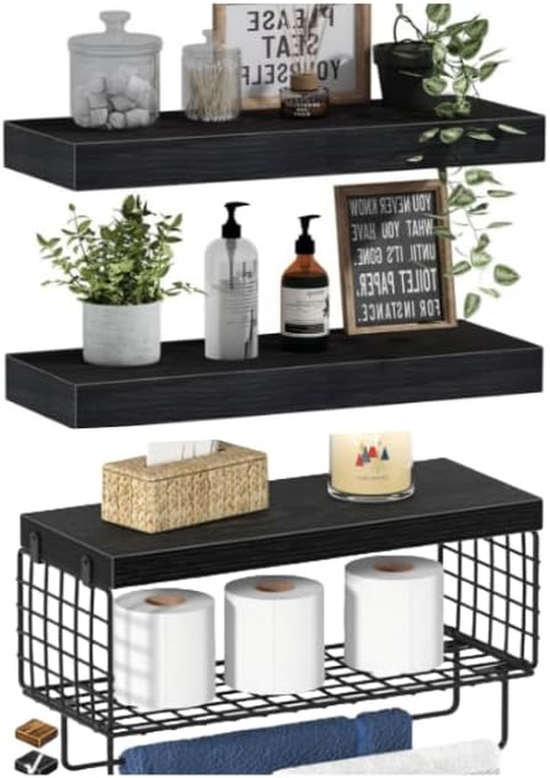 Floating Wall Shelves, Bathroom over Toilet, 40 Cm Set of 3, Wall Mounted Floating Shelves Toilet Paper Storage Small Farmhouse Decor(White 2 Baskets Storage)