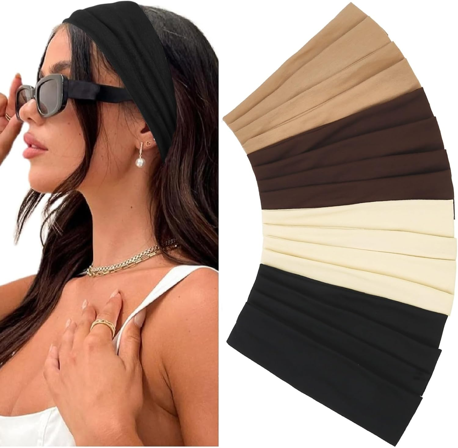 Headbands for Women 16 Pack Elastic Hair Bands for Women' Hair Non Slip Soft Cloth Fabric Sweat Headbands Yoga Running Sport Hair Accessories, Black Brown Beige Women Thick Headbands image number 1