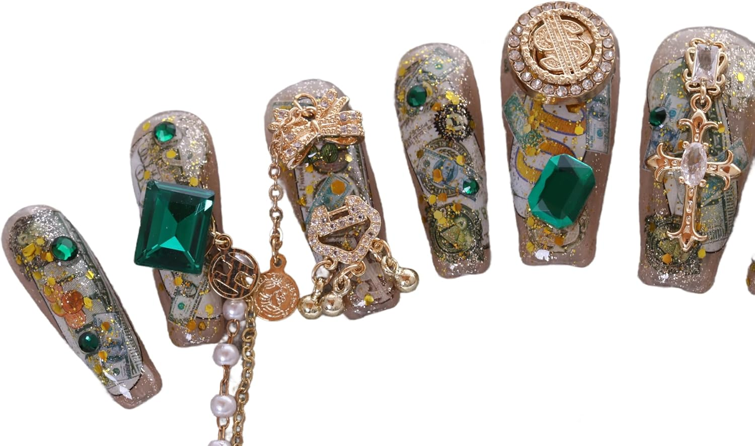 PN-029 Press-On Nails Lacquered Pack of 10 Reusable Artificial Premium Nails Dollar $ Chain Green Crystal Stones Gold Beige image number 3