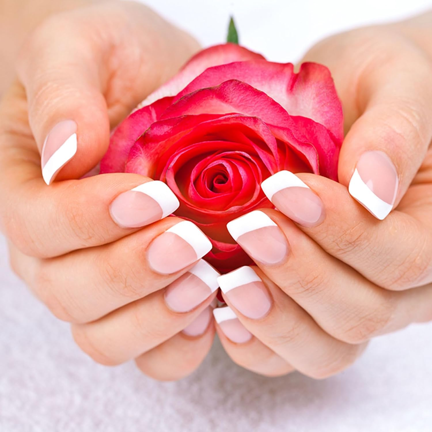 Lunarcharm 24Pcs Medium Square Push on Nails Simple White Glitter French Style False Nails Cute Full Cover image number 1