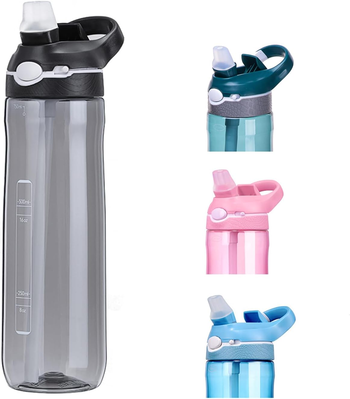 1000Ml Black Water Bottle with Straw, BPA FREE Clear Bottle with Handle One Hand Use Easy Carried, Flip Up, Suit School, Office, Gym, Office for Women Men