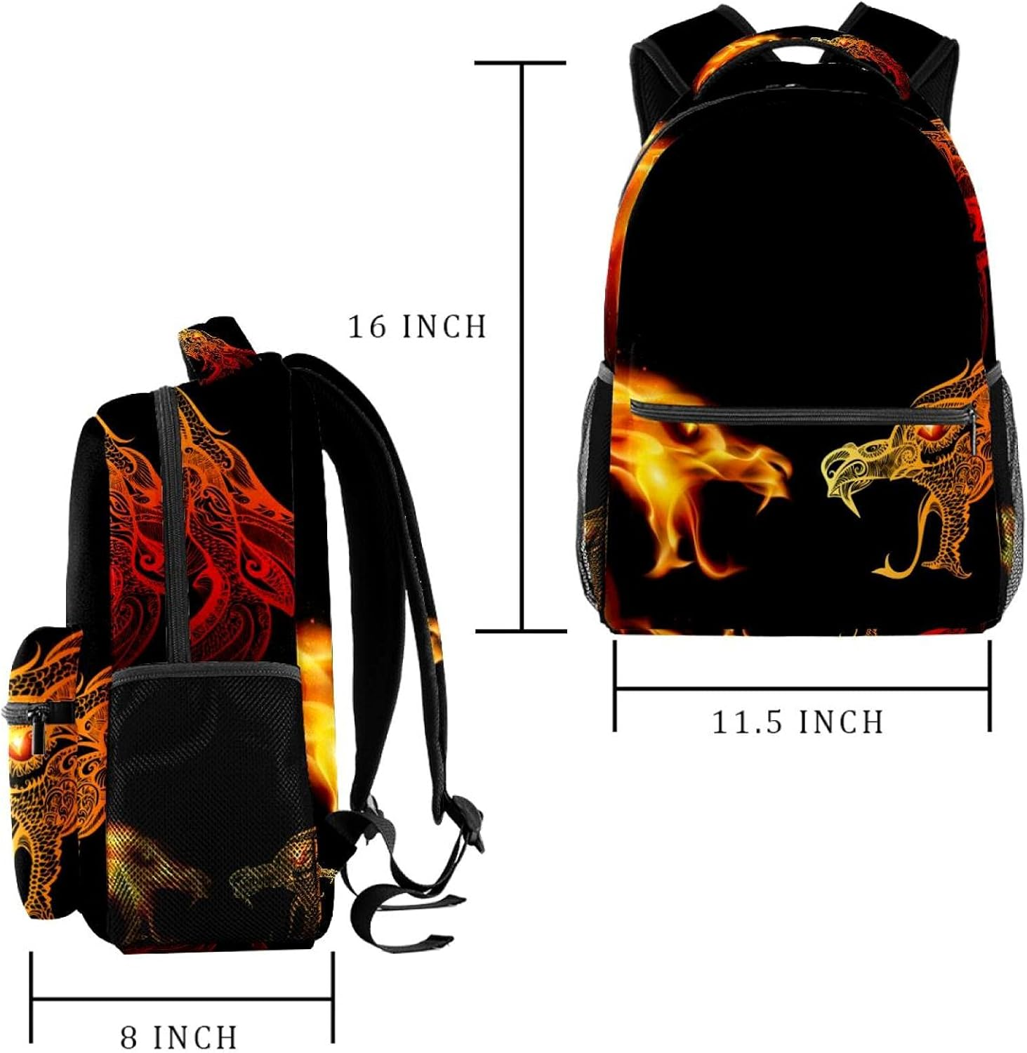 Two Dragon Heads in Fire Backpack Students Shoulder Bags Travel Bag College School Tote Backpacks image number 5