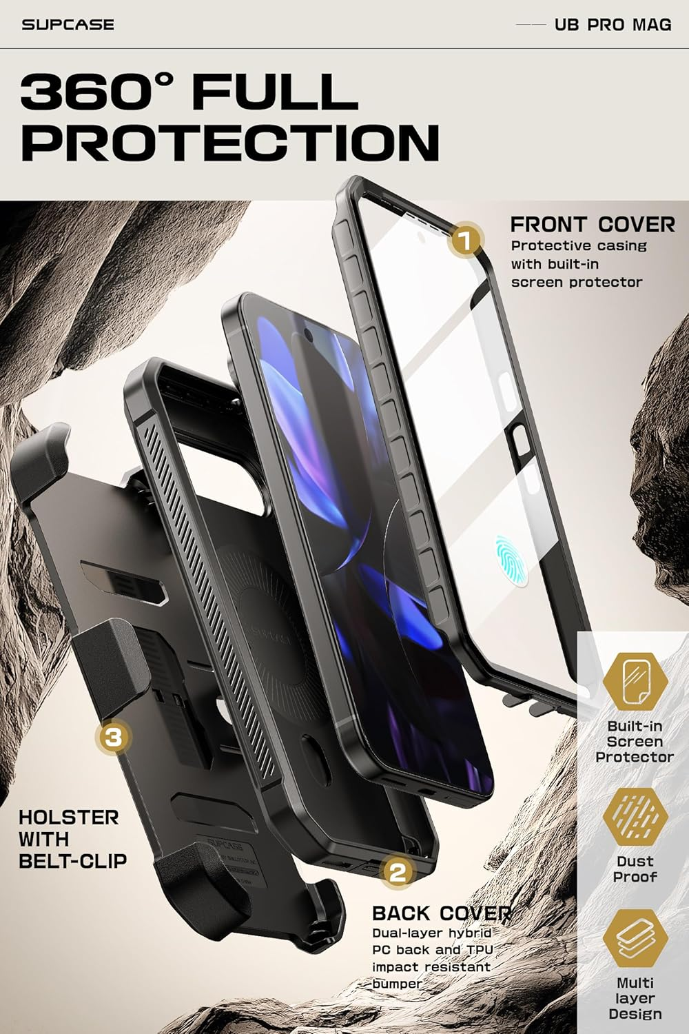 SUPCASE for Google Pixel 9 Pro XL Case with Stand (Ubpro Mag), [Support Magsafe] [Built-In Screen Protector & Belt Clip] [Military-Grade Protection] Magnetic Phone Case for Pixel 9 Pro XL, Black image number 4