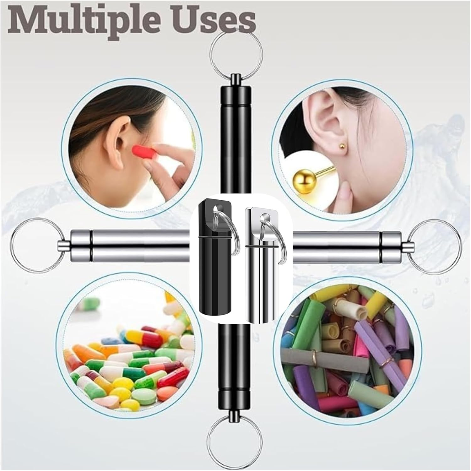 Portable Aluminium Pill Holder Keychain, Mini Medicine Container, 2-Pack Black & Silver, for Purse, Waterproof Metal Pill Holder Medicine Bottle, Outdoor Camping Travel