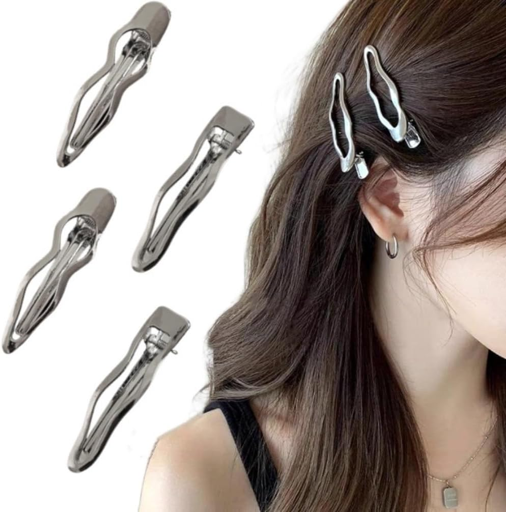 4Pcs Wave Hair Clips,Hairclips,2.44 in Silver Wavy Alligator Hair Clips,Duckbill Hair Pins,Small Hairclip Bangs,Cute Hair Barrettes for Women Girls Thick & Thin Hair Styling Headdress,Accessories image number 1
