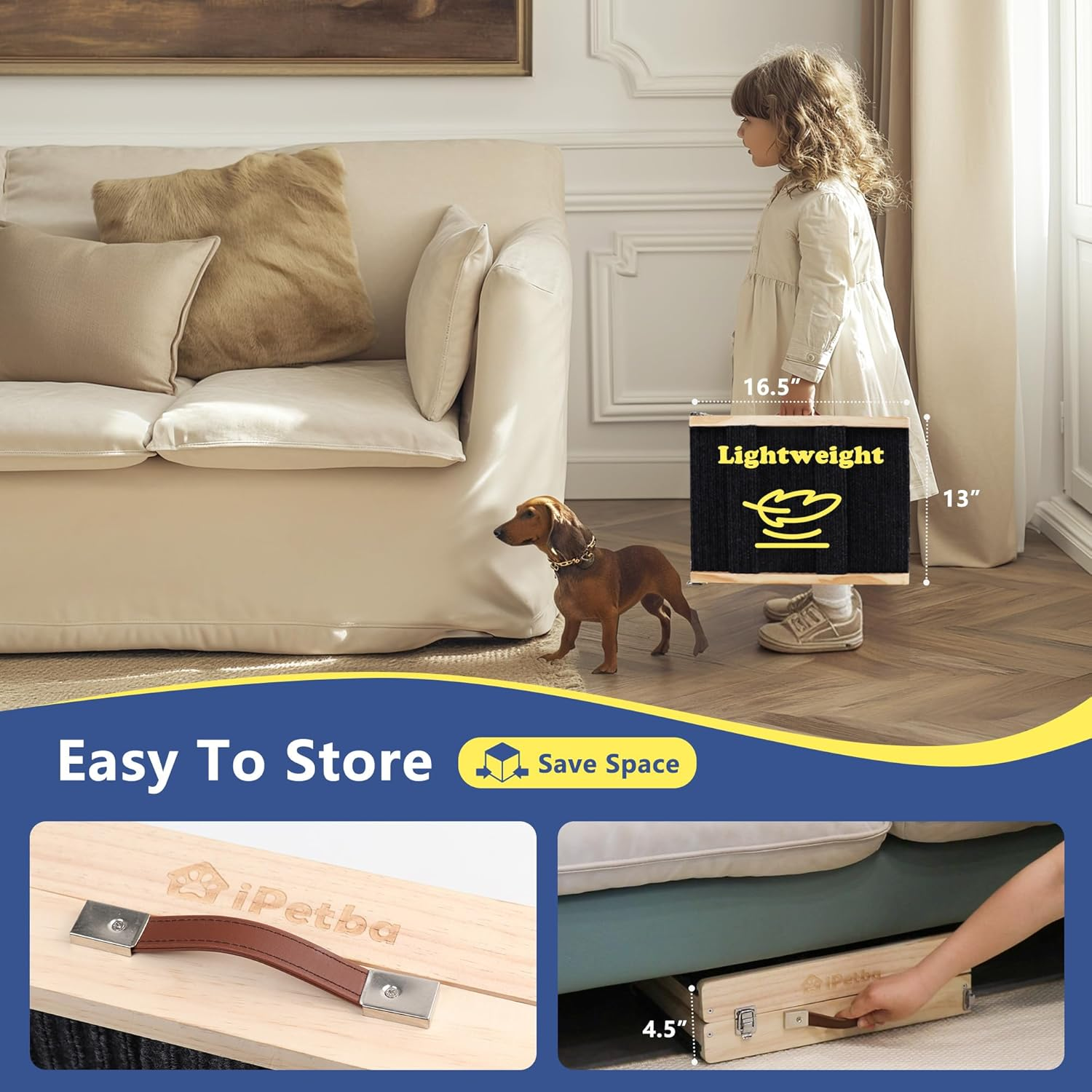 Ipetba Adjustable Dog Ramp Folding Portable Wooden Pet Ramp for Small Dogs 31.5" Long from 9.5" to 18.5" with Non-Slip 5 Paw Traction Mat Doggie Cat Ramps for Bed Car Sofa Couch (Up to 50 Lbs) image number 3