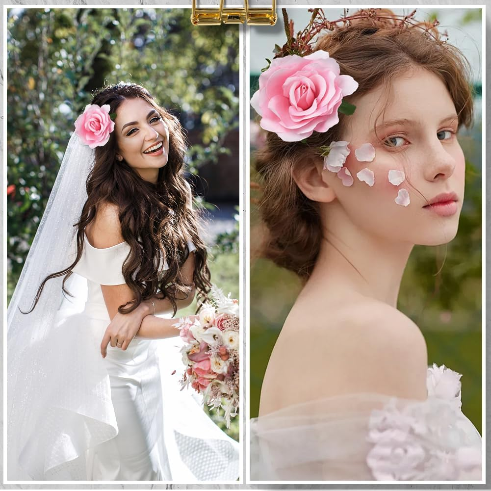 SOFPLATE Pack of 4 2 Styles Pink Rose Hair Clips Large Flower Brooch Large Fabric Pins Elegant Flowers Metal Decorative Hair Clips Accessories for Hairstyle Wedding Festival Party DIY Decoration image number 2