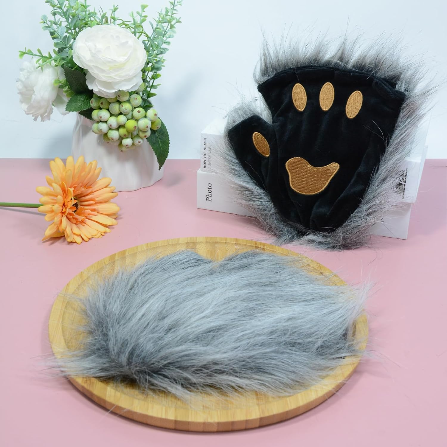 Furry Costume Wolf Costume for Girls Adult Kids Includes Fox Tail Plush Mask and Plush Paw Gloves Perfect for Halloween Costume Parties Christmas Events(Grey) image number 2