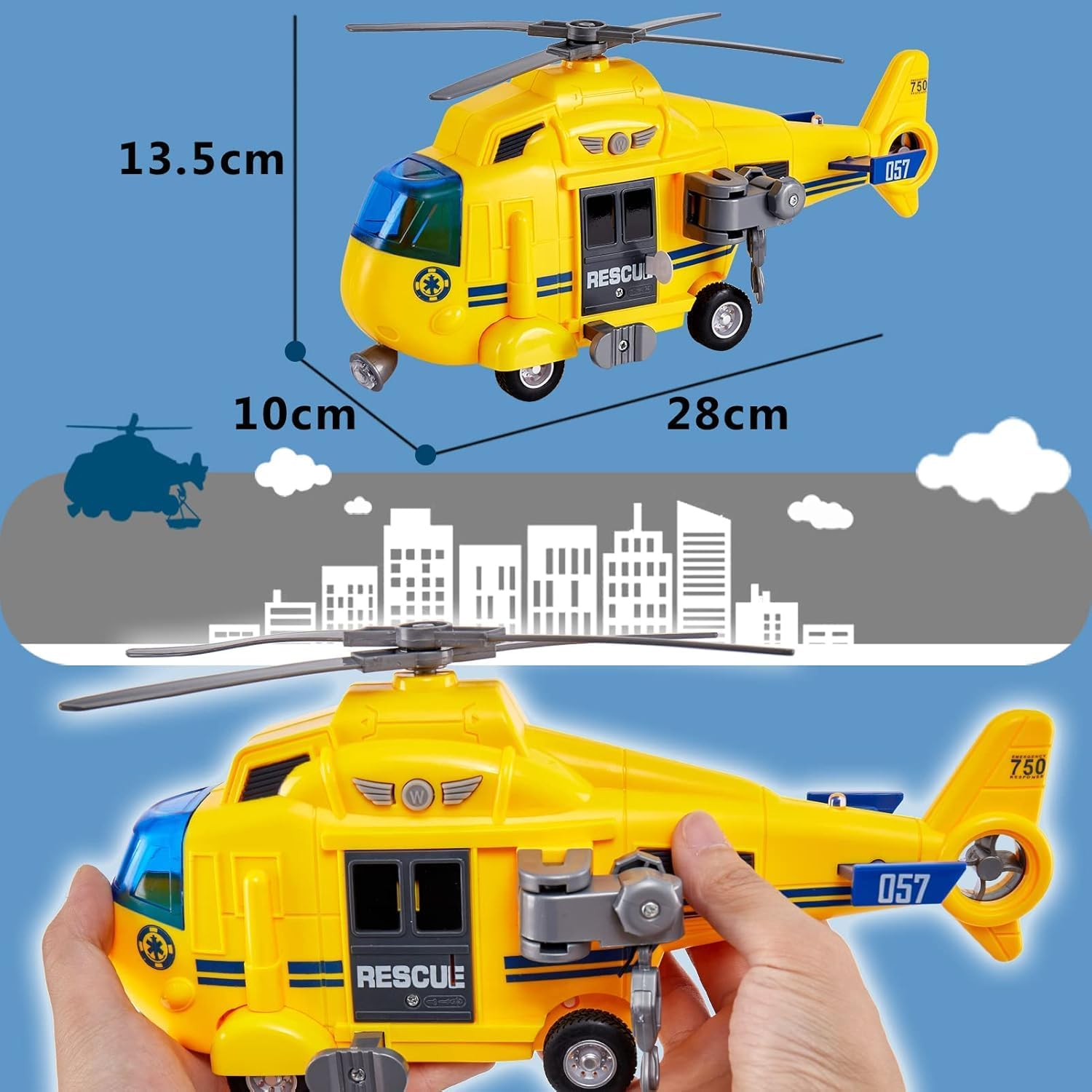 LESUNTINGKY Rescue Helicopter Toy with Light and Sound Push and Go Cars Educational Toys Gifts for Kids Boys Girls 3 4 5 6 Years Old (1:16) image number 3