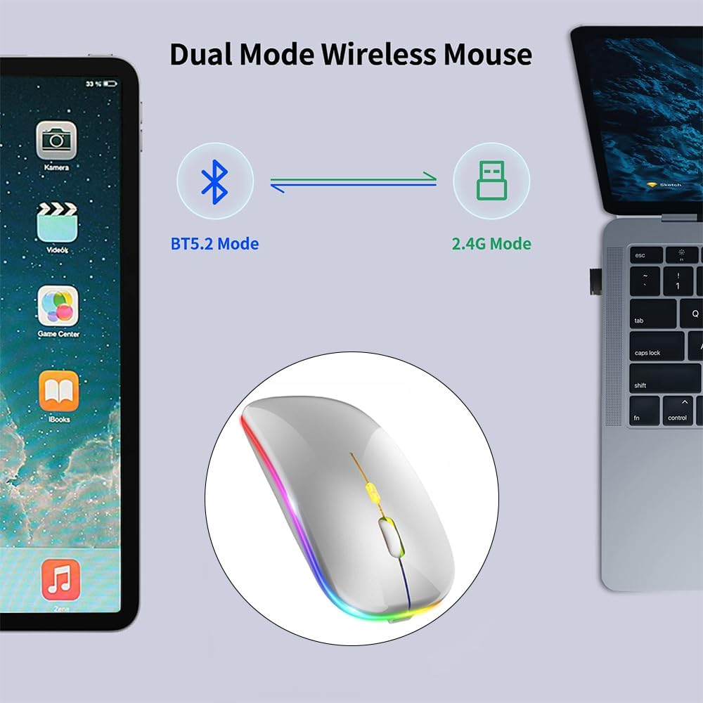 LED Wireless Mouse, Rechargeable Slim Silent Mouse 2.4G Portable Wireless Bluetooth Mouse Dual Mode with USB Receiver and Type C Adapter, 3 Adjustable DPI for Notebook, PC, Laptop (Silver) image number 3