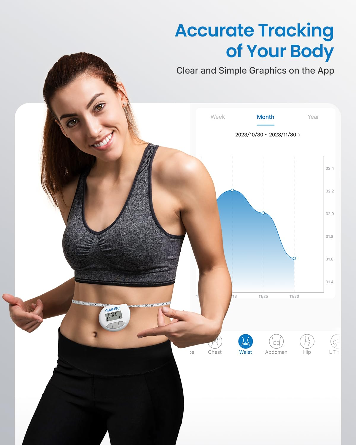Smart Tape Measure Body with App - RENPHO Bluetooth Measuring Tapes for Body Measuring, Weight Loss, Muscle Gain, Fitness Bodybuilding, Retractable, Measures Body Part Circumferences, Inches & Cm image number 2