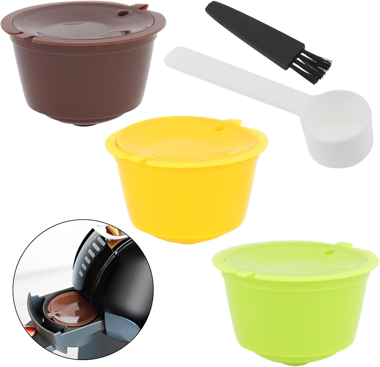 Reusable Coffee Capsule Filters 3Pcs, Colorful Coffee Filters for Nescafe Dolce Gusto Brewers Machine, Reusable Refillable Coffee Pods Capsule Filter Cups Kit with Cleaning Brush and Measuring Spoon image number 3